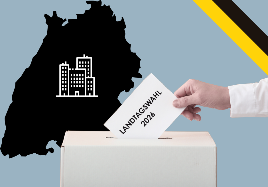 Illustration einer Wahlurne und dem Land Baden-Württemberg