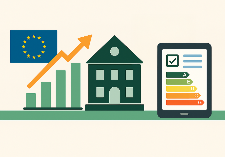 Illustration mit EU-Flagge, steigender Balkengrafik, einem Gebäude und einer digitalen Energieeffizienzskala auf einem Tablet – Symbol für die energetische Sanierung und EU-Vorgaben zur Energieeffizienz von Gebäuden.
